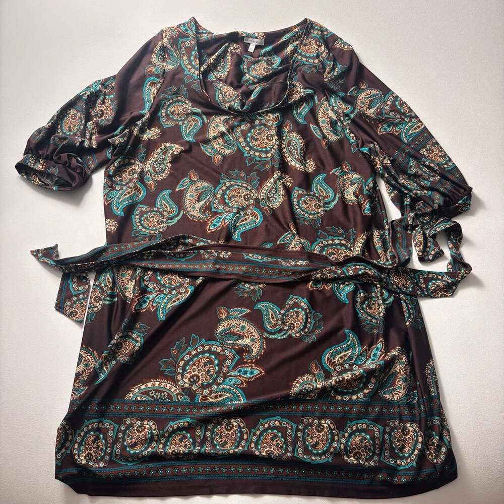 Fashion Bug Dress Size 3X Brown Paisley Cowl Neck Tie Belt